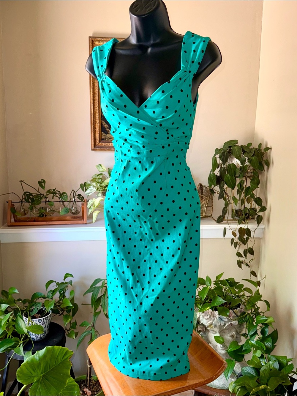 Rock Steady teal polka dot retro wiggle midi dress